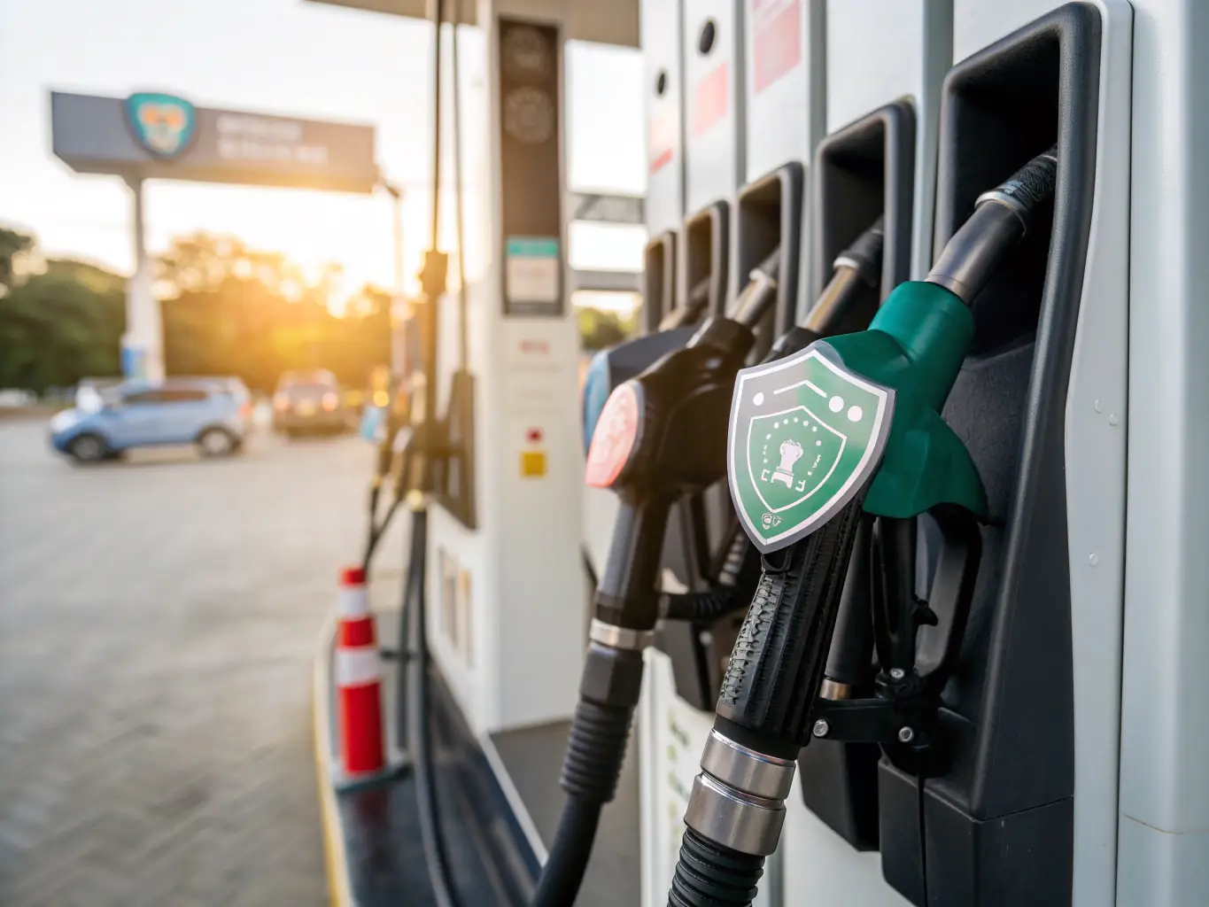 An image showing a shield icon protecting a gas pump from digital threats, representing the risk reduction benefits offered by Getback.