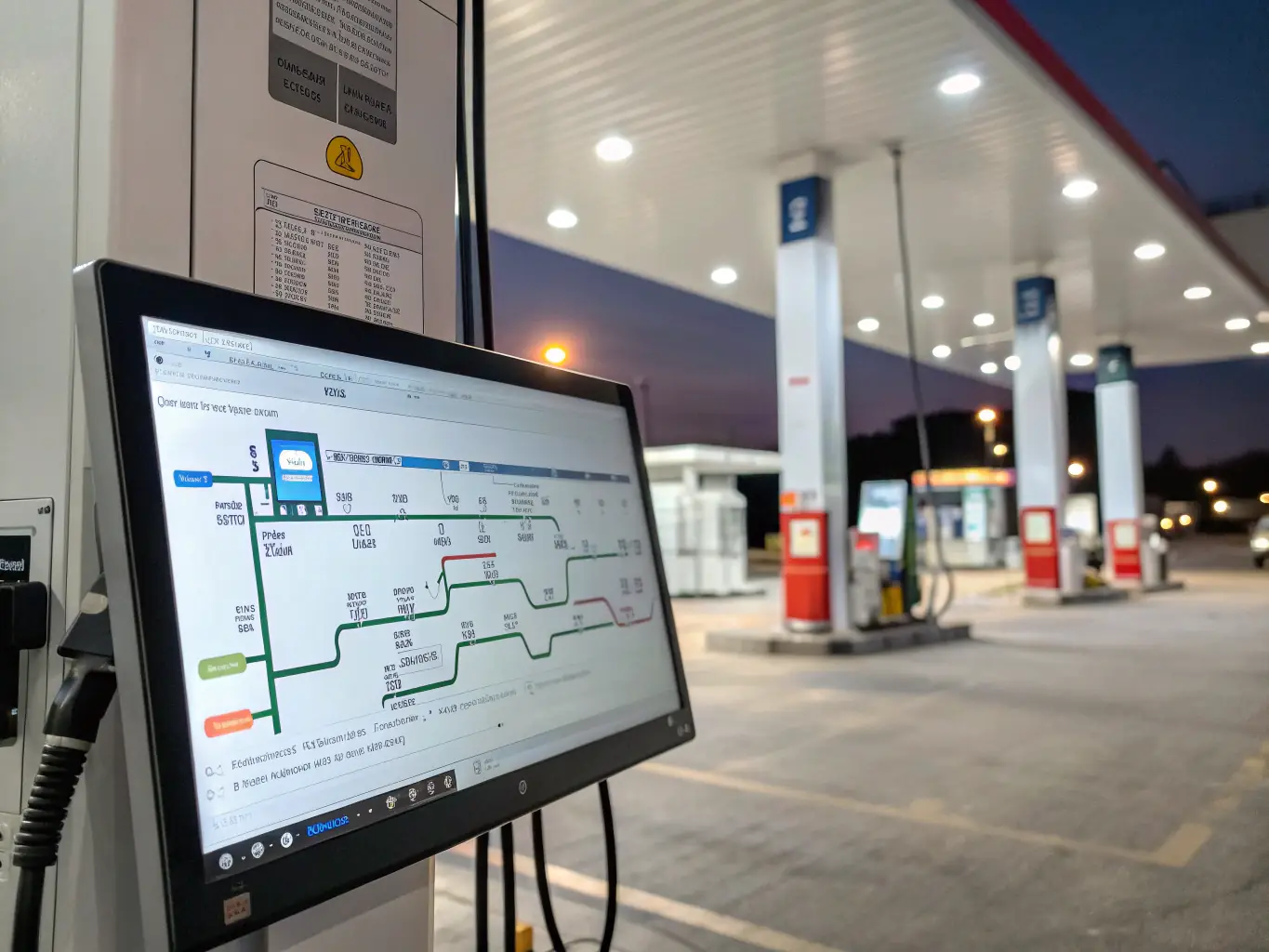 An image illustrating a digital audit trail leading to a secure server at a gas station, highlighting the audit evidence provided by Getback.