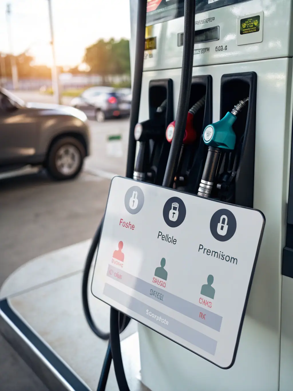 An icon representing a secure login screen with user roles and permissions, set against the backdrop of a gas station's control panel.