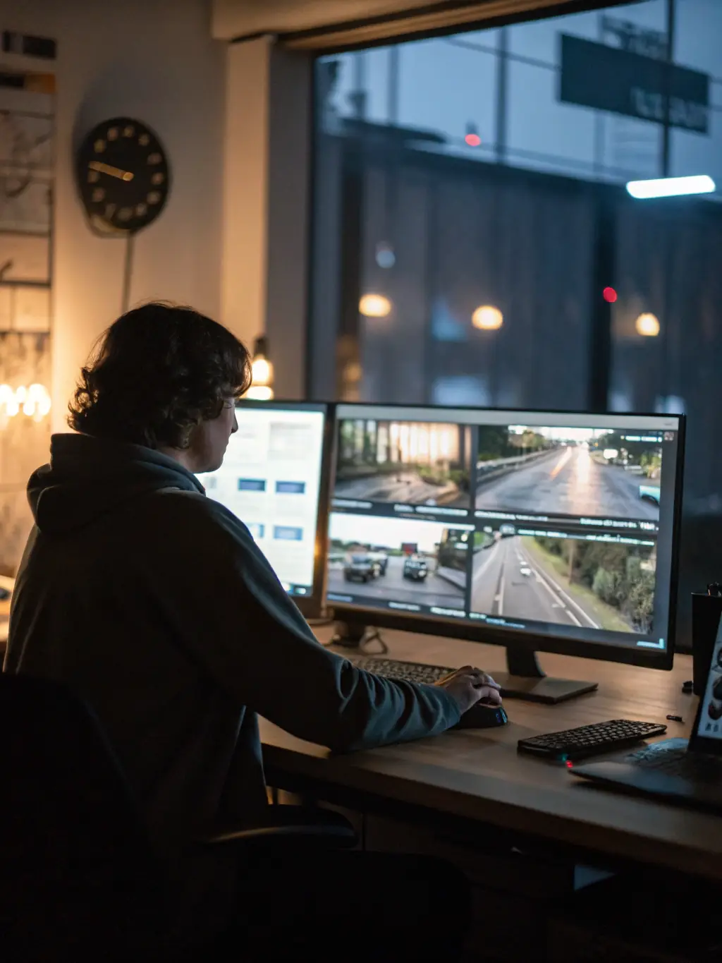 A visual representation of real-time monitoring dashboards displaying system diagnostics and threat detection alerts in a fuel station environment. The image should convey constant vigilance and rapid response.