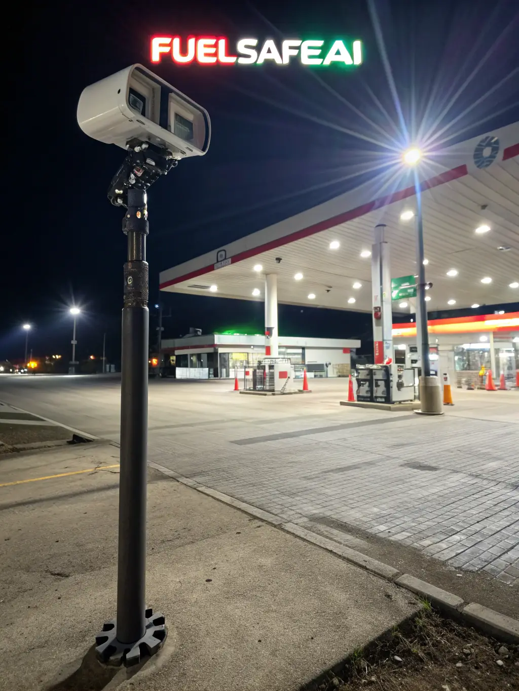 A high-resolution image depicting a modern gas station with digital security overlays, emphasizing data encryption during transactions. The scene should convey a sense of safety and technological advancement.
