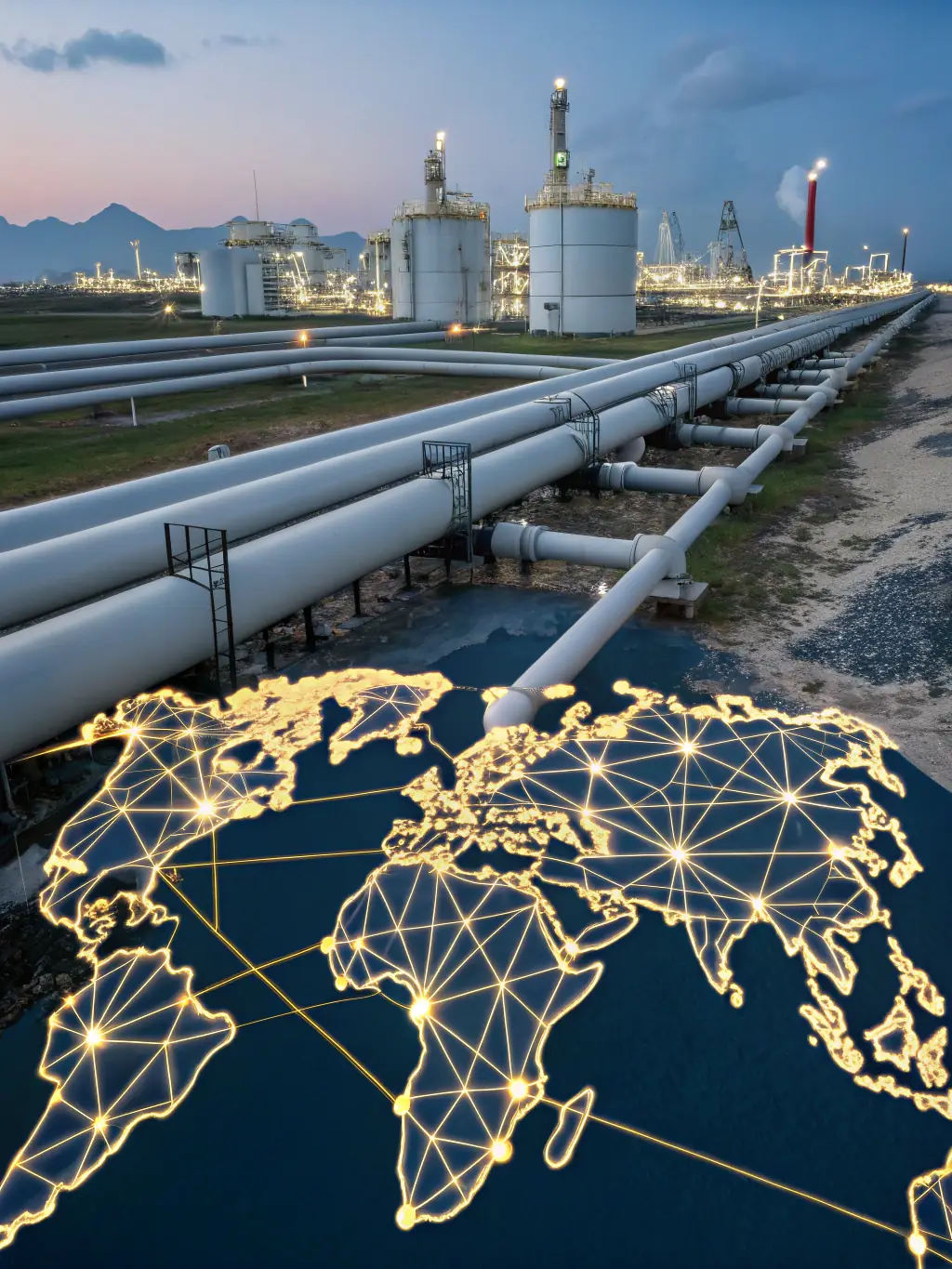 An illustration showing a network diagram of a fuel distribution system, highlighting secure access points and user authentication protocols. The image should convey controlled access and monitoring.