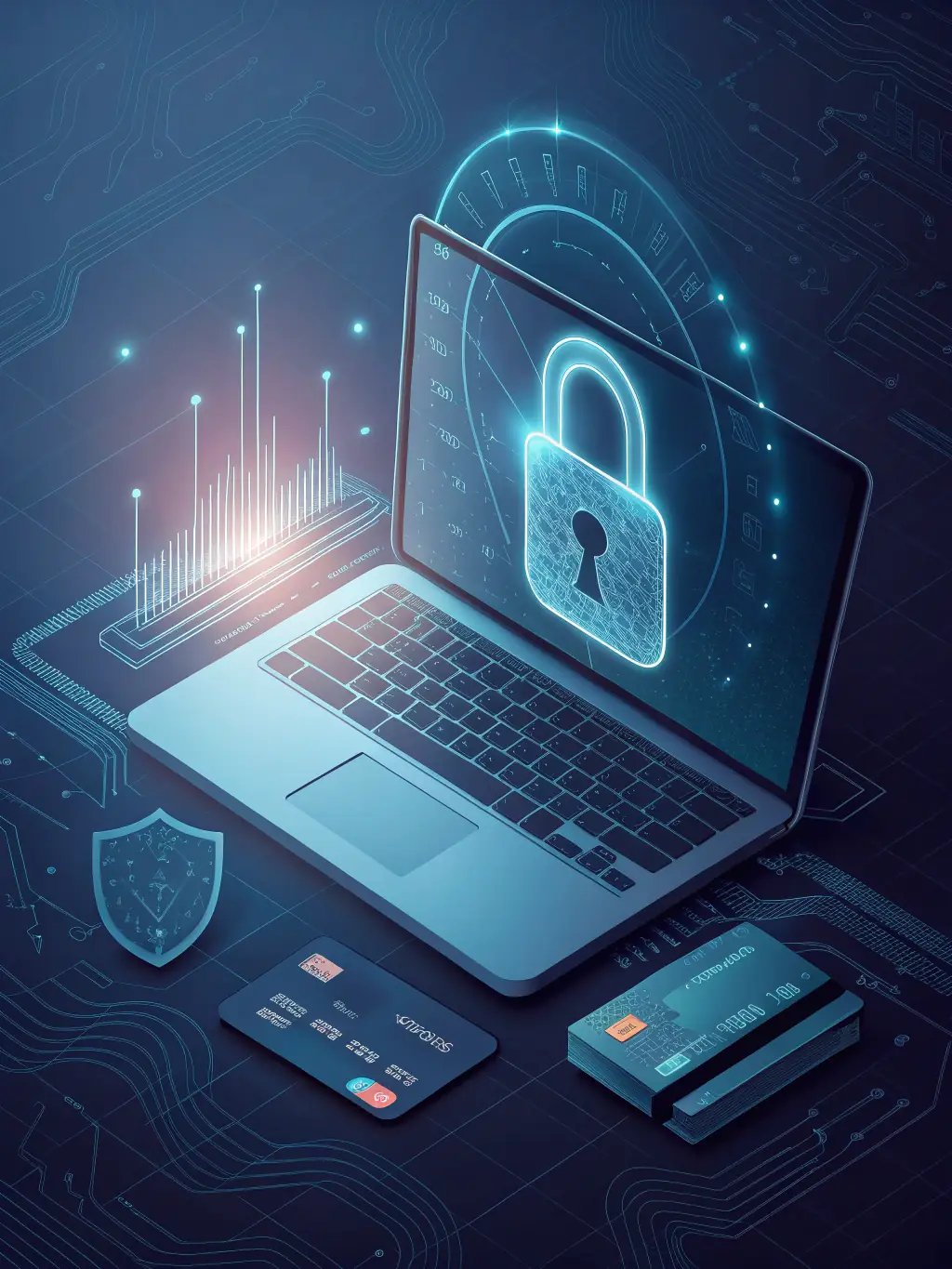 A digital illustration depicting encrypted data flowing between a gas station's point-of-sale system and a secure server, emphasizing the protection of sensitive transaction information.