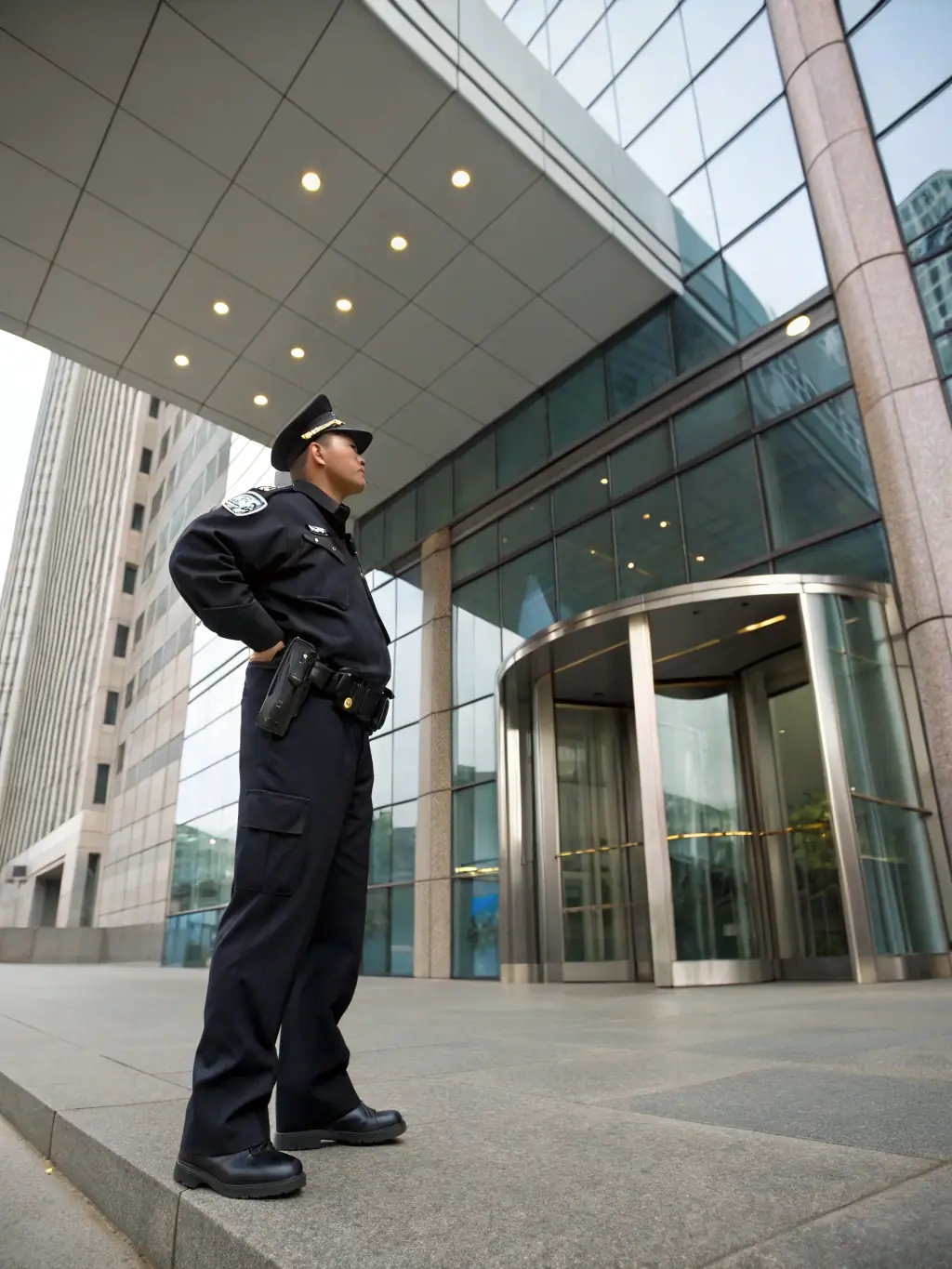 A security guard icon controlling access to a fuel station's server room, representing access controls in Lite Protection.