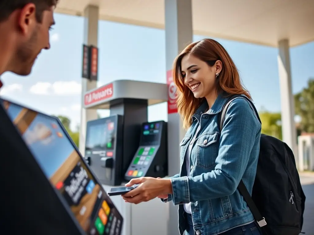 A modern gas station at dusk, highlighting the fuel pumps and digital displays, symbolizing the integration of technology and potential cybersecurity vulnerabilities.