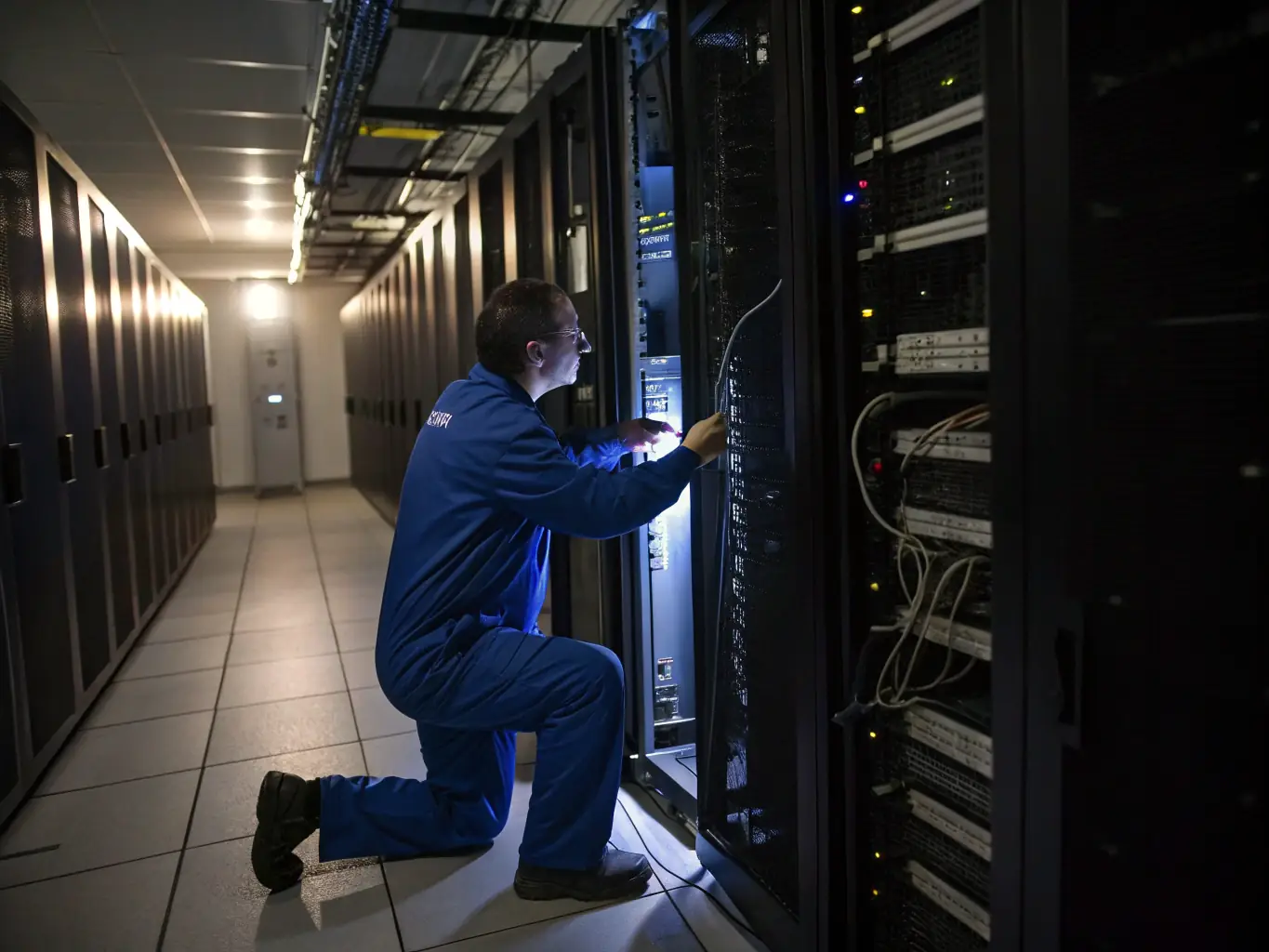 An image showing a secure server room with blinking lights and a technician monitoring the systems. The image should convey a sense of constant vigilance and robust infrastructure.