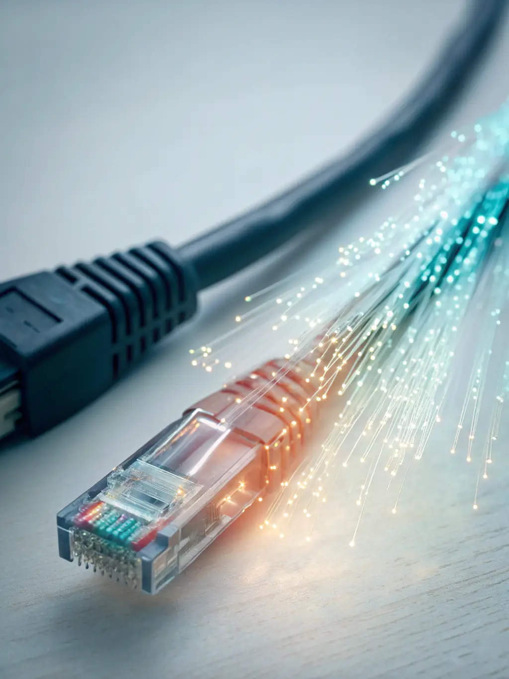 A close-up shot of encrypted data flowing through network cables at a gas station, symbolizing data encryption in Lite Protection.
