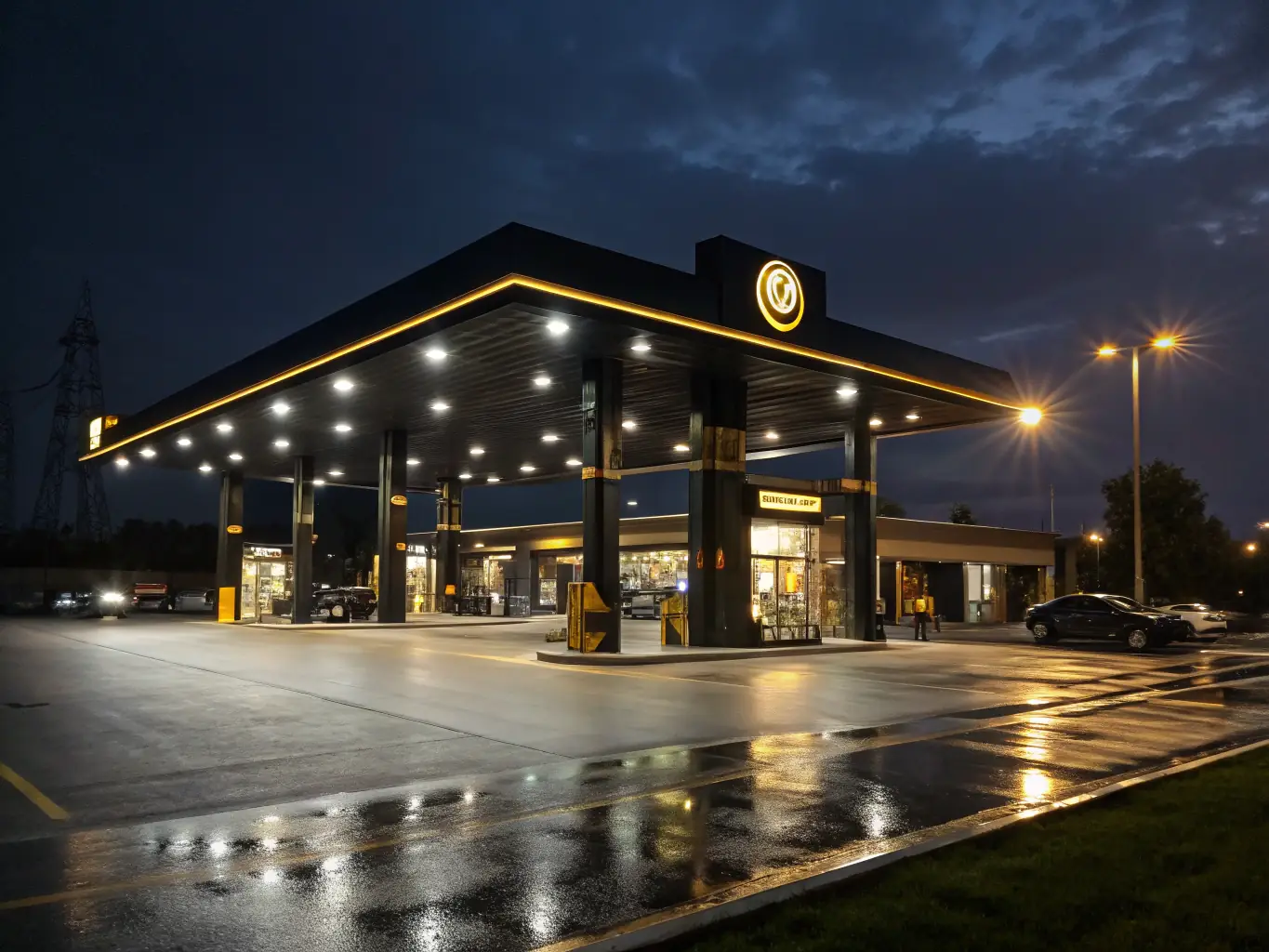 A gas station at night, focusing on the illuminated fuel pumps and the security cameras monitoring the area, symbolizing encryption and data security.