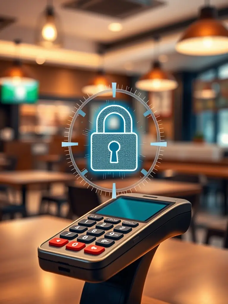 A secure payment terminal at a gas pump with a padlock icon, symbolizing secure transactions and customer data protection.