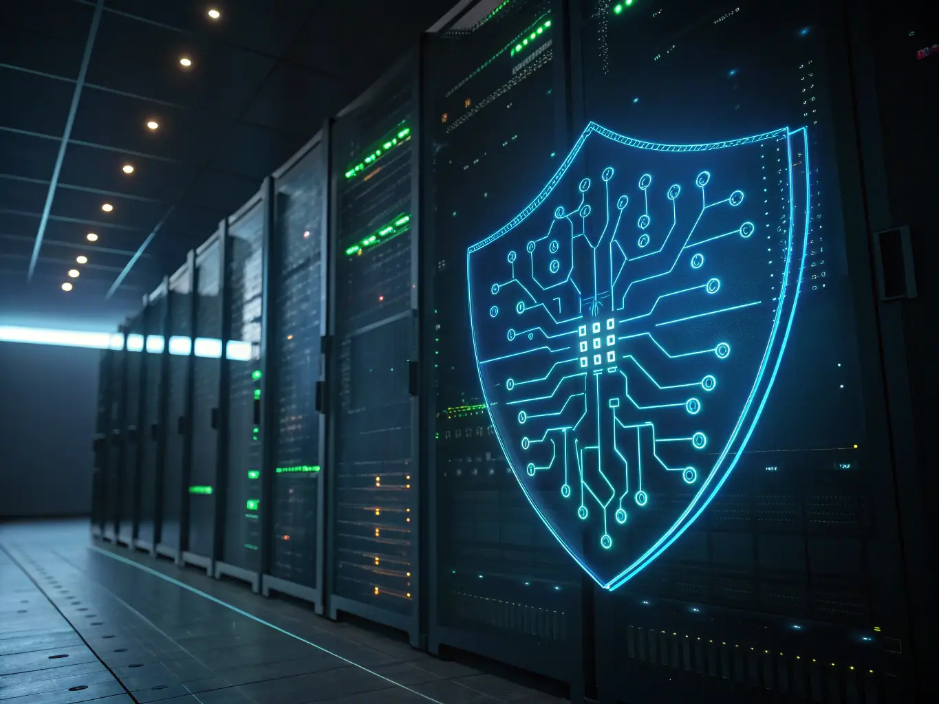 An illustration of a digital shield protecting a gas pump from cyber attacks, symbolizing the protection of fuel dispensing systems. The image should be vibrant and visually appealing.