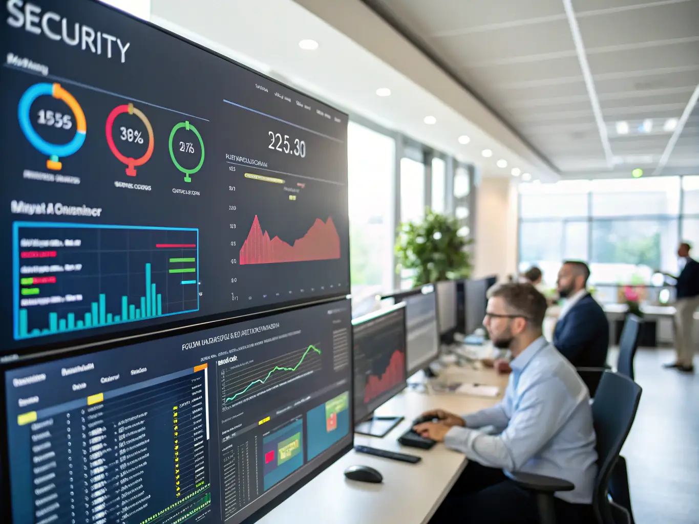 A network security engineer analyzing a dashboard displaying threat detection and prevention metrics, emphasizing the proactive risk management provided by Getback.