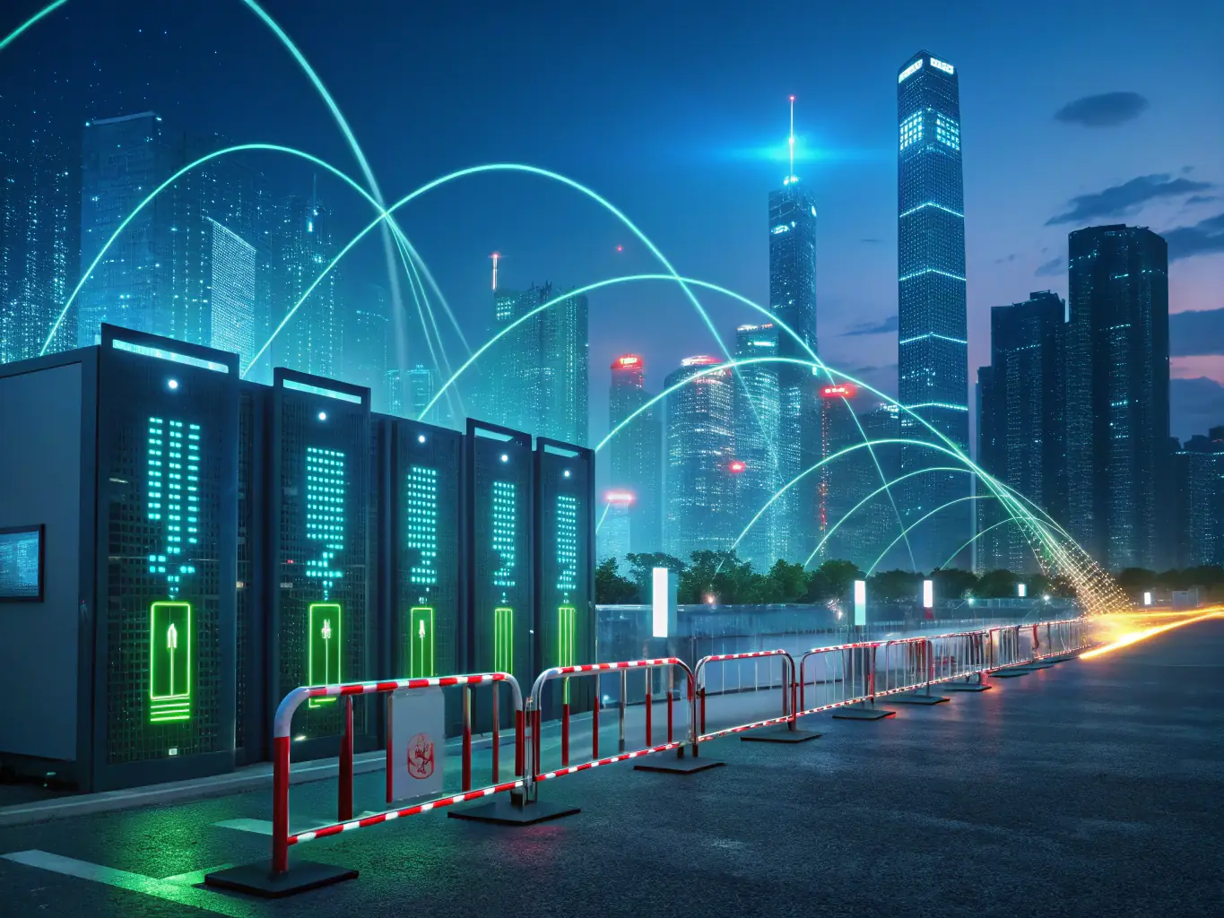 A graphic illustrating a firewall protecting a network, with alarms flashing to indicate potential security breaches and unauthorized access attempts.