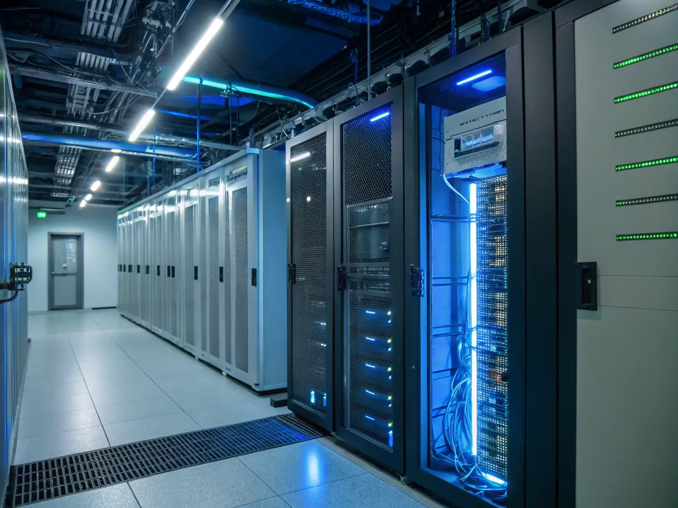 An image showing a server room with various access control panels and biometric scanners, representing controlled access to sensitive systems.