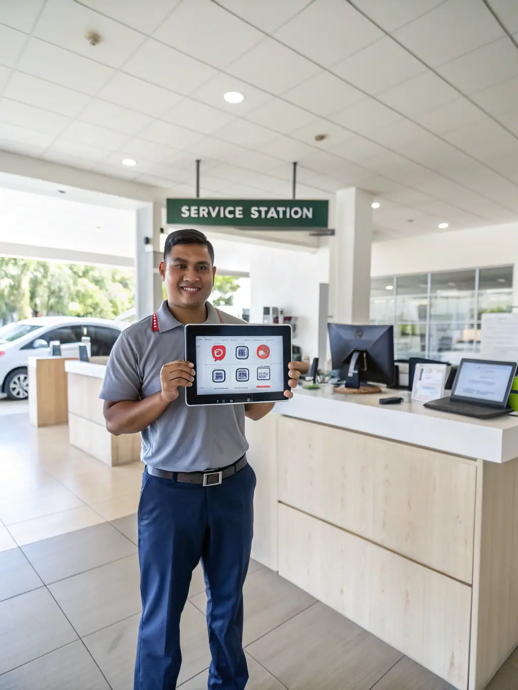 An image of a gas station employee using a secure login system with multi-factor authentication, emphasizing controlled access to sensitive data.