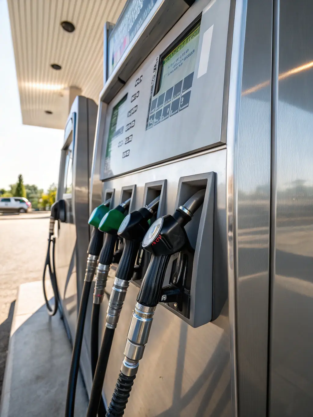 A close-up shot of a digital lock icon superimposed on a fuel pump, symbolizing secure transactions and data protection at gas stations.